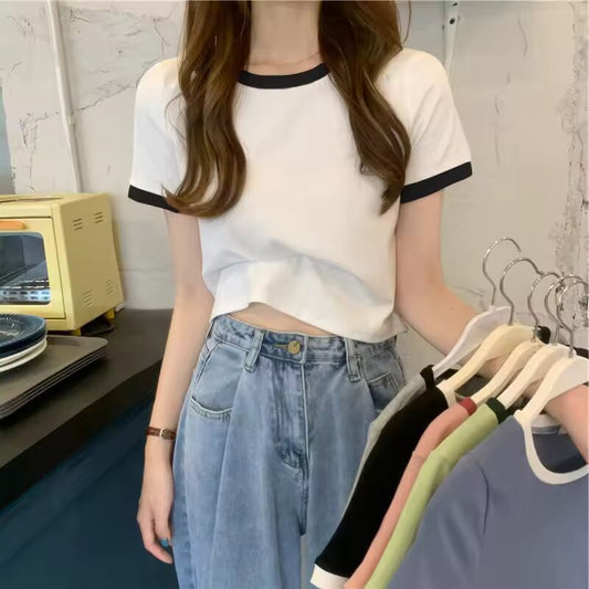 2025 Patchwork Kpop T-shirt Women Korean Fashion Slim Cropped Tops Woman Sexy Vintage Y2K Tee Shirt Striped Japanese Clothes 90S