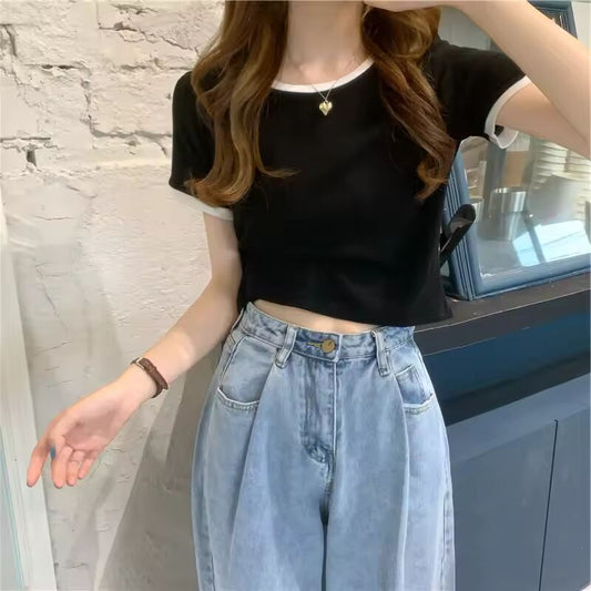 2025 Patchwork Kpop T-shirt Women Korean Fashion Slim Cropped Tops Woman Sexy Vintage Y2K Tee Shirt Striped Japanese Clothes 90S
