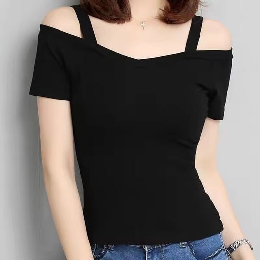 Y2K Short Sleeve T-shirt Women Sexy Shoulder Off Korean Fashion Tee Shirt Femme Slim V-neck Tshirt Womacn Summer Clothes Top 90S